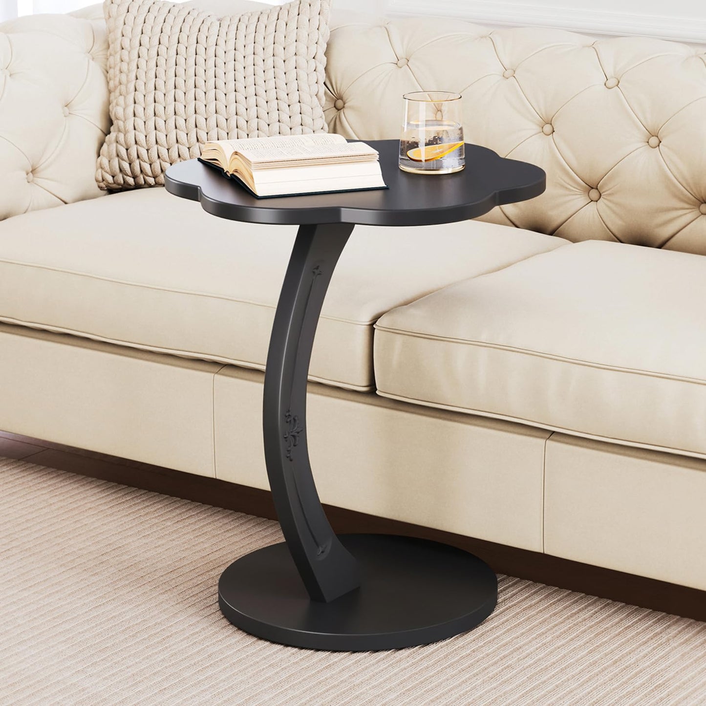 MYOTA C-Shaped End Table for Couch - Round Small C Side Table, Flower Handmade Solid Wood Sofa Couch Tables That Slide Under Bedside, Saving Space Wooden Tray for Living Room, Small Space, (Black)