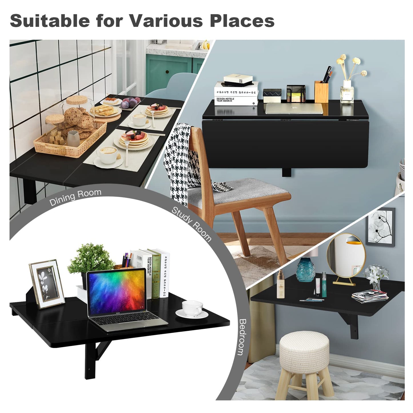 COSTWAY Wall Mounted Folding Table, 31.5" x 23.5" Drop-Leaf Floating Writing Desk for Small Spaces, Space-Saving Fold Down Laptop Workstation for Kitchen, Bedroom, Laundry Room, Study Room (Black)