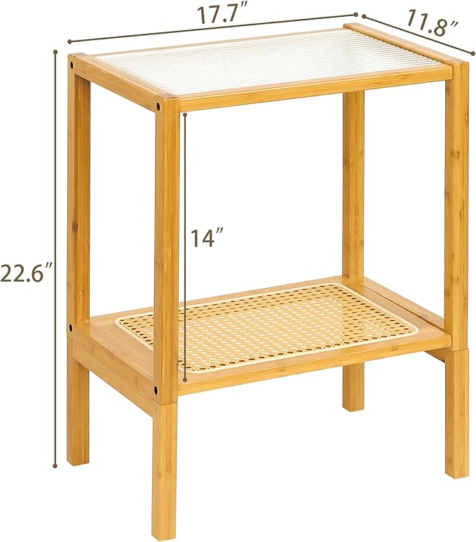 2-Tier Bamboo Side Table, Modern Glasstop Rattan Side Table, Mid Century Wood