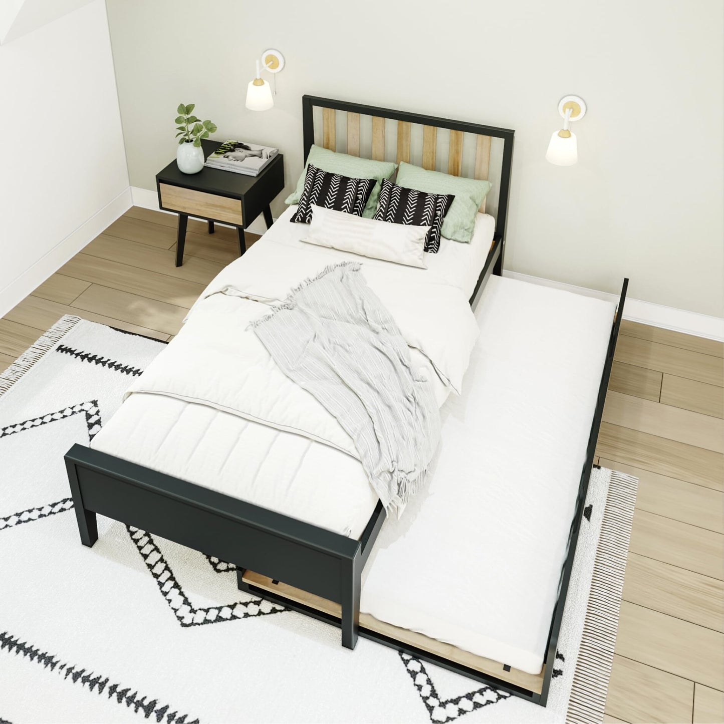 Max & Lily Scandinavian Panel Bed (Twin), Slatted Headboard, with Trundle, Black/Blonde