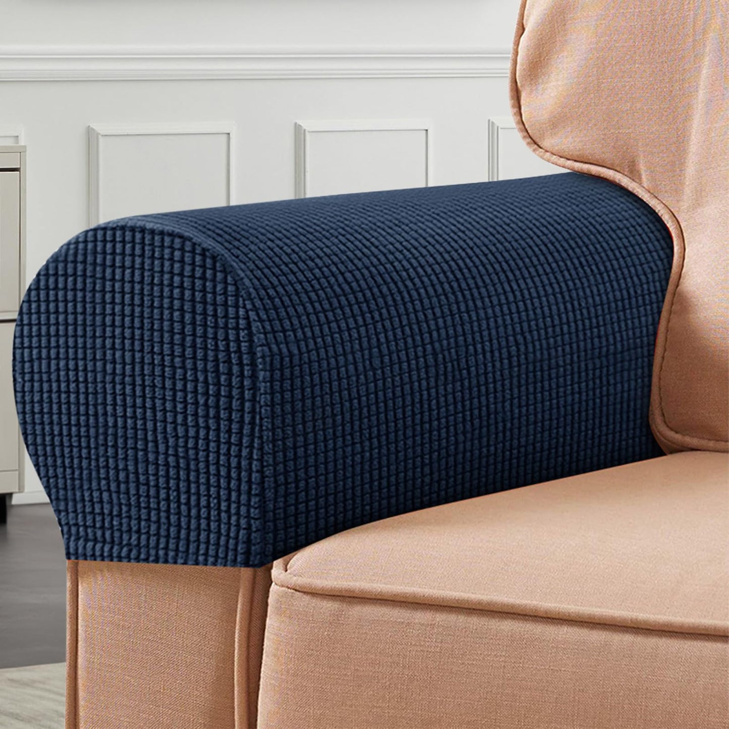 Sofa Arm Covers, 4PCS Couch Arm Covers for Sofa, Chair Armrest Cover with Twist Pins, Anti-Slip Scratch Stretch Couch for Reclining Square Curved Sloping Armrest Cover, Protective Cloth, Navy Blue