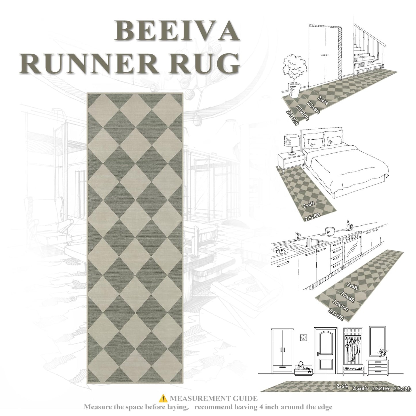 Beeiva Checkered Print Hallway Runner Rug Non Slip, Ultra Thin Washable Kitchen Runner Rug 2x6, Moroccan Neutral Green Soft Floor Carpet for Bedroom Laundry Room, Minimalist Diamond Hallway Decor