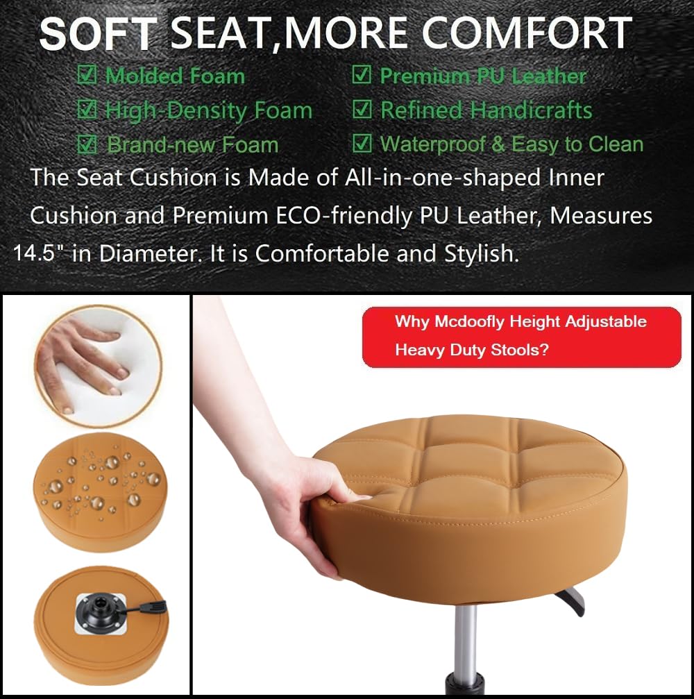 McDooFly Height Adjustable Heavy Duty Stools Salon Stool Chair with Bell Glides for Home Bar Kitchen Office Shop Tattoo Lash Tech Pedicure (Camel with Bell Glides, Height 22 to 30 in)