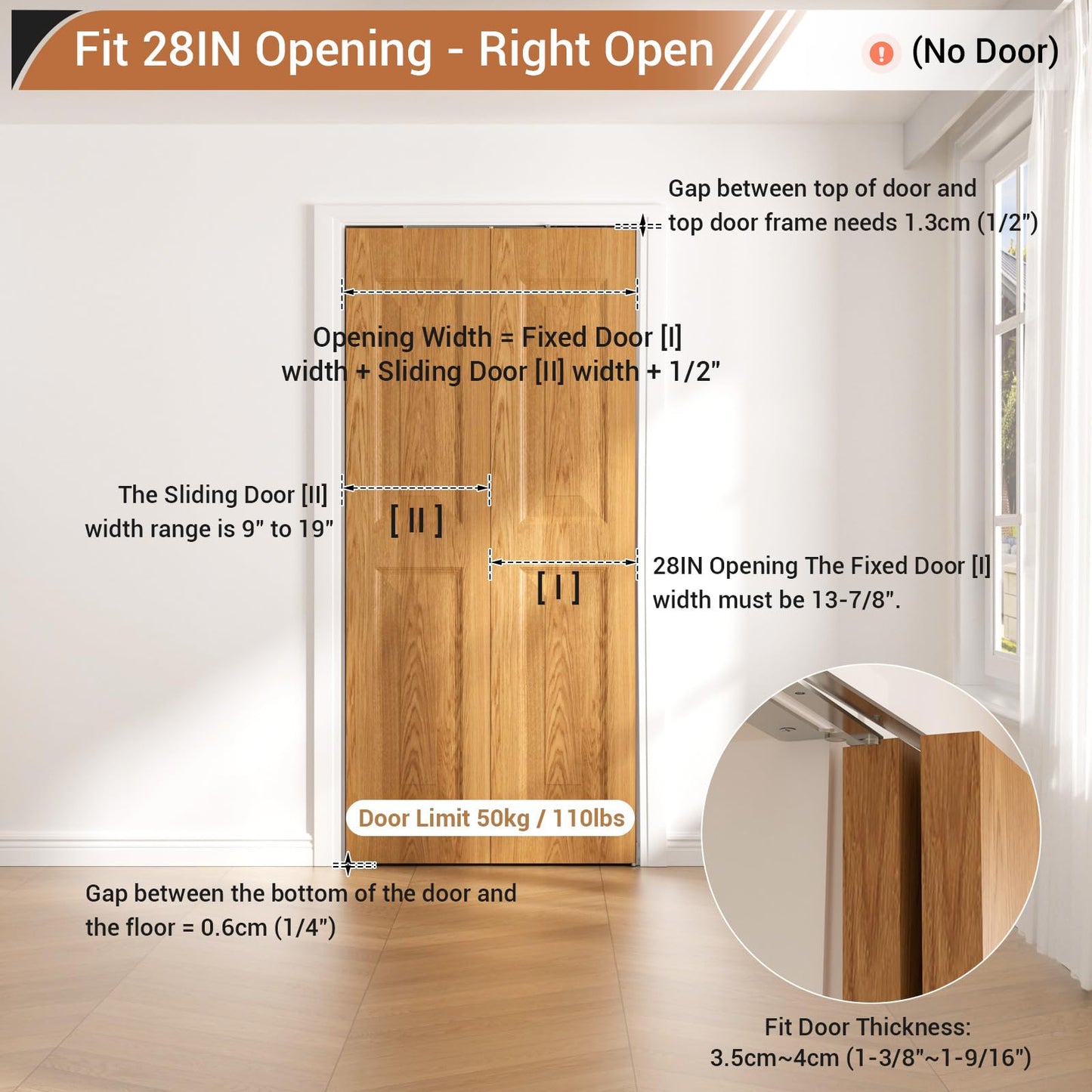 CCJH 180 Degree Bifold Barn Door Hardware Kit Hidden for Right Open Folding Closet Doors, Doorframe Mounting Invisible Sliding Folding Bracket for Opening Width 30"