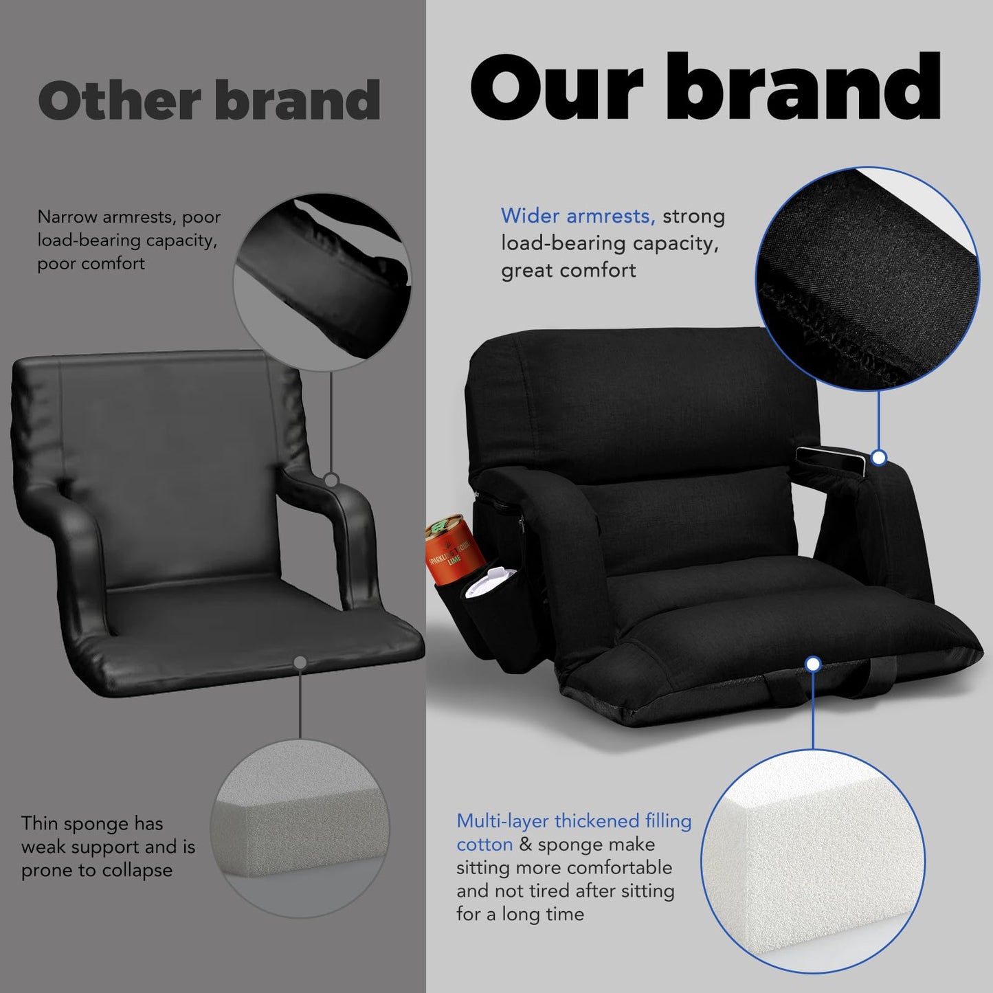 Wide Stadium Seats With Back Support, Exclusive "Sofa Style" Design Extra Thick Bleacher Chairs With Back and Cushion, 6 Reclining Positions - Ultimate Comfort for Sports Events (Black, 22.5")