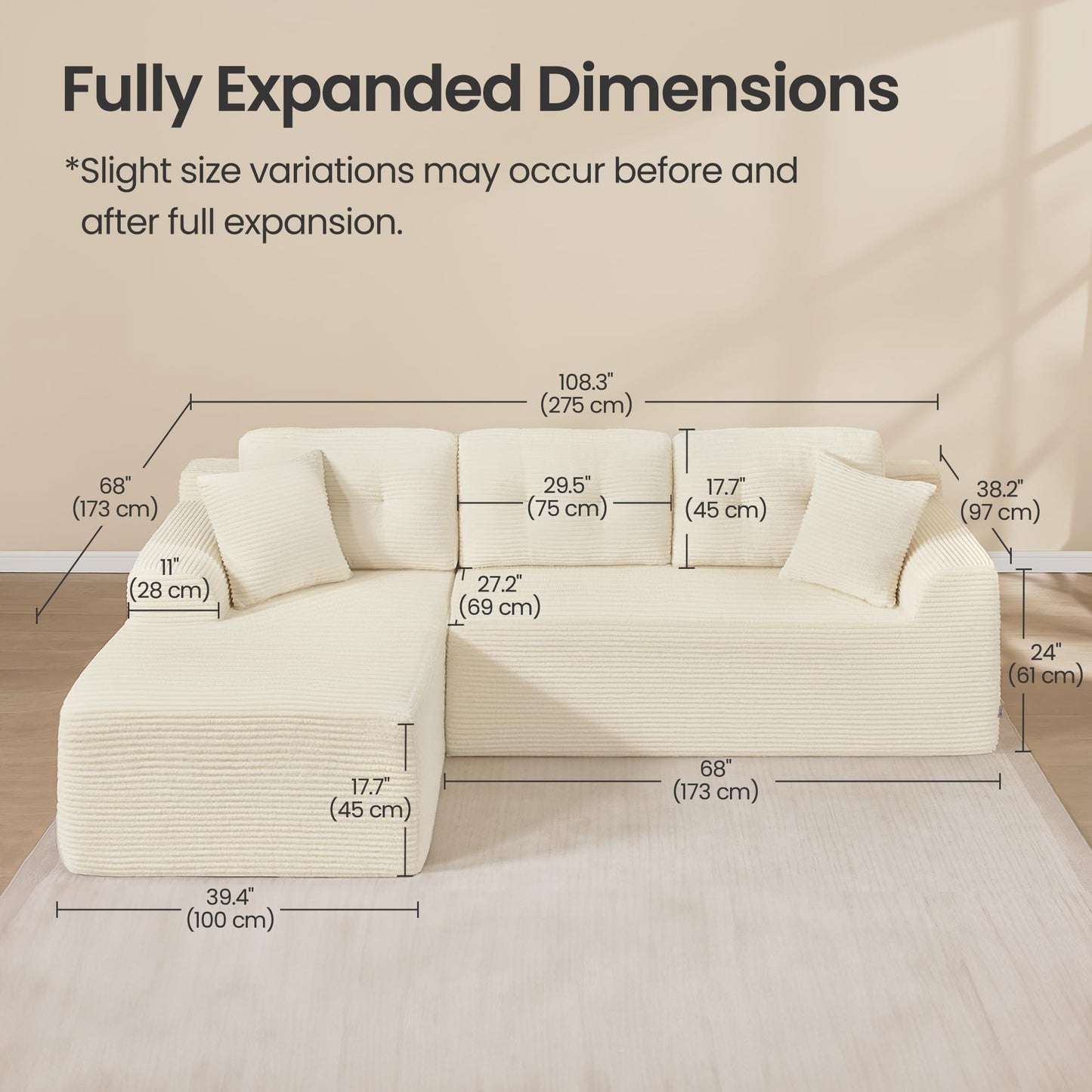 VASAGLE Boneless Couch, Modern Cloud Couch with Deep Seat, Corduroy Sofa for Living Room, Bedroom, Modular Sectional Sofa with Left-Facing Chaise, 108.3 Inches, Cloud White ULCS181WD01