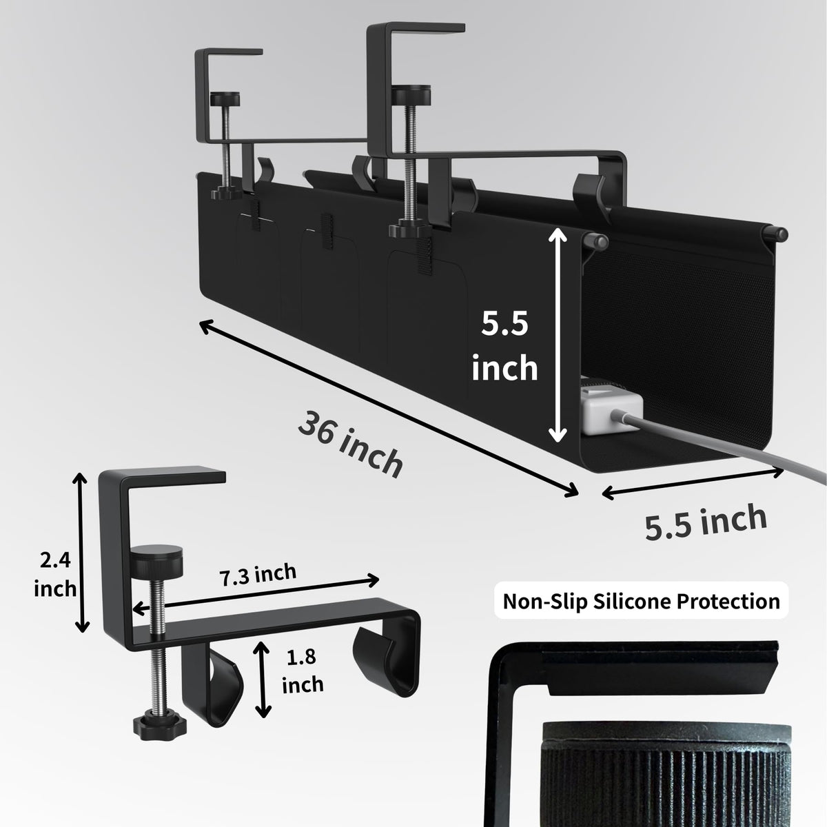 Nyoria Under Desk Cable Management Tray, 36” Fabric No Drill Clamp Mount Cord Organizer for Desk, Heavy Duty Wire Management for Office Home, Black