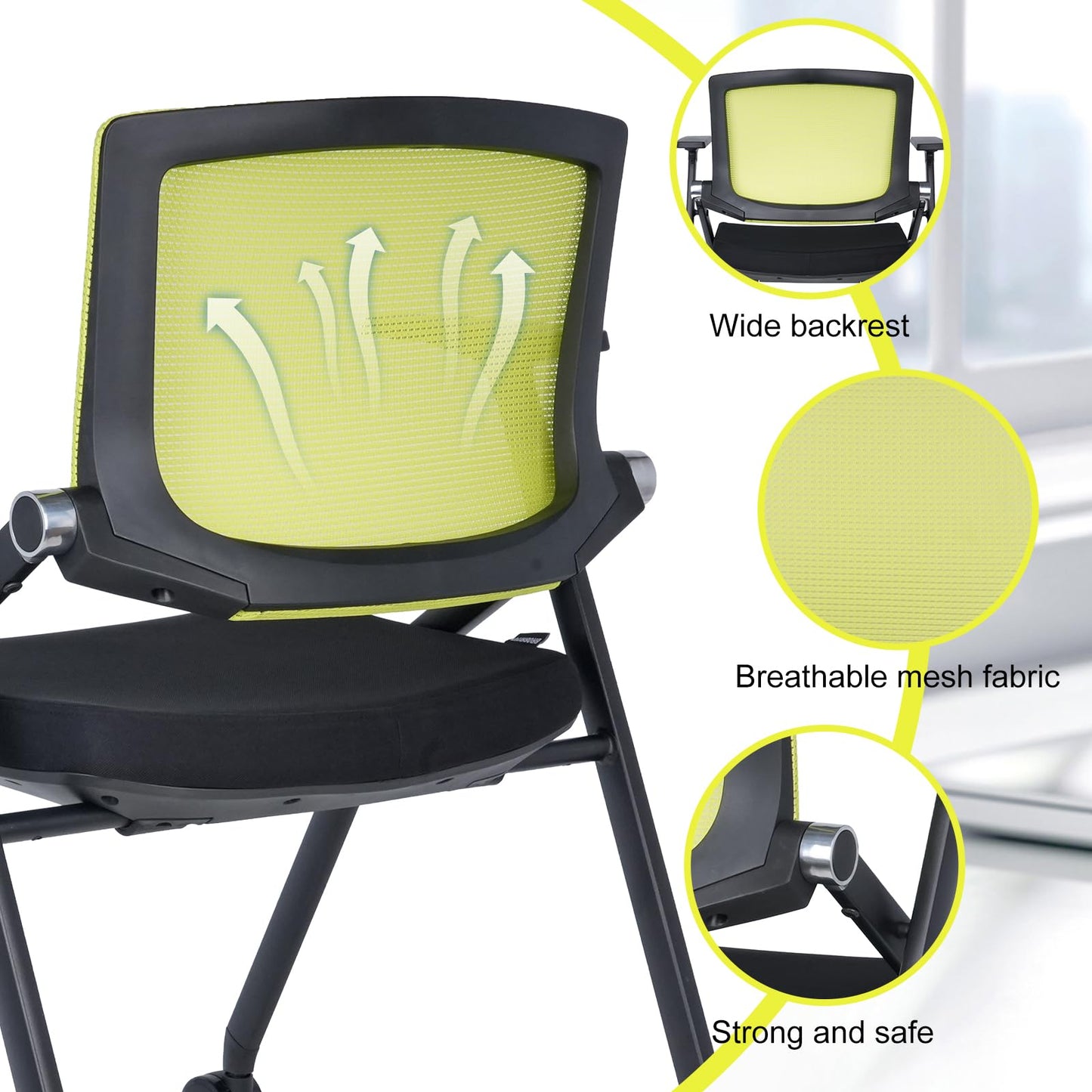 BROBRIYO Upgraded Folding Chair with Wheels and Padded, Ergonomic Mesh Back and Arms for Office, Meetings, Conferences, Receptions, Training Rooms & Folding Office Chairs