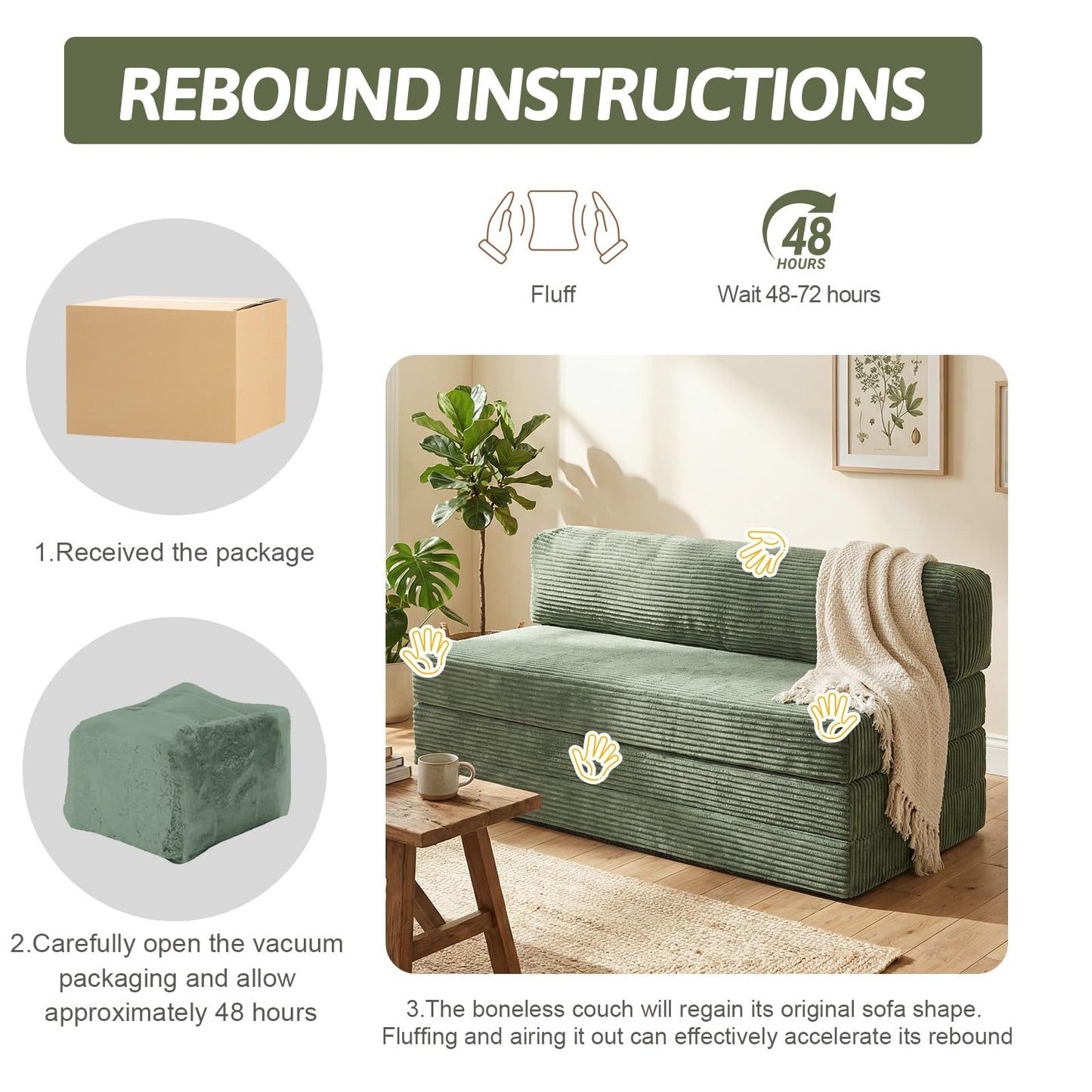 NLDD 5-in-1 Convertible Sofa Bed, Boneless Couch Loveseat with Removable Cushions & Washable Cover, Futon Sofa Bed with Handle, Pull Out Couch for Small Spaces, Queen Size, Green