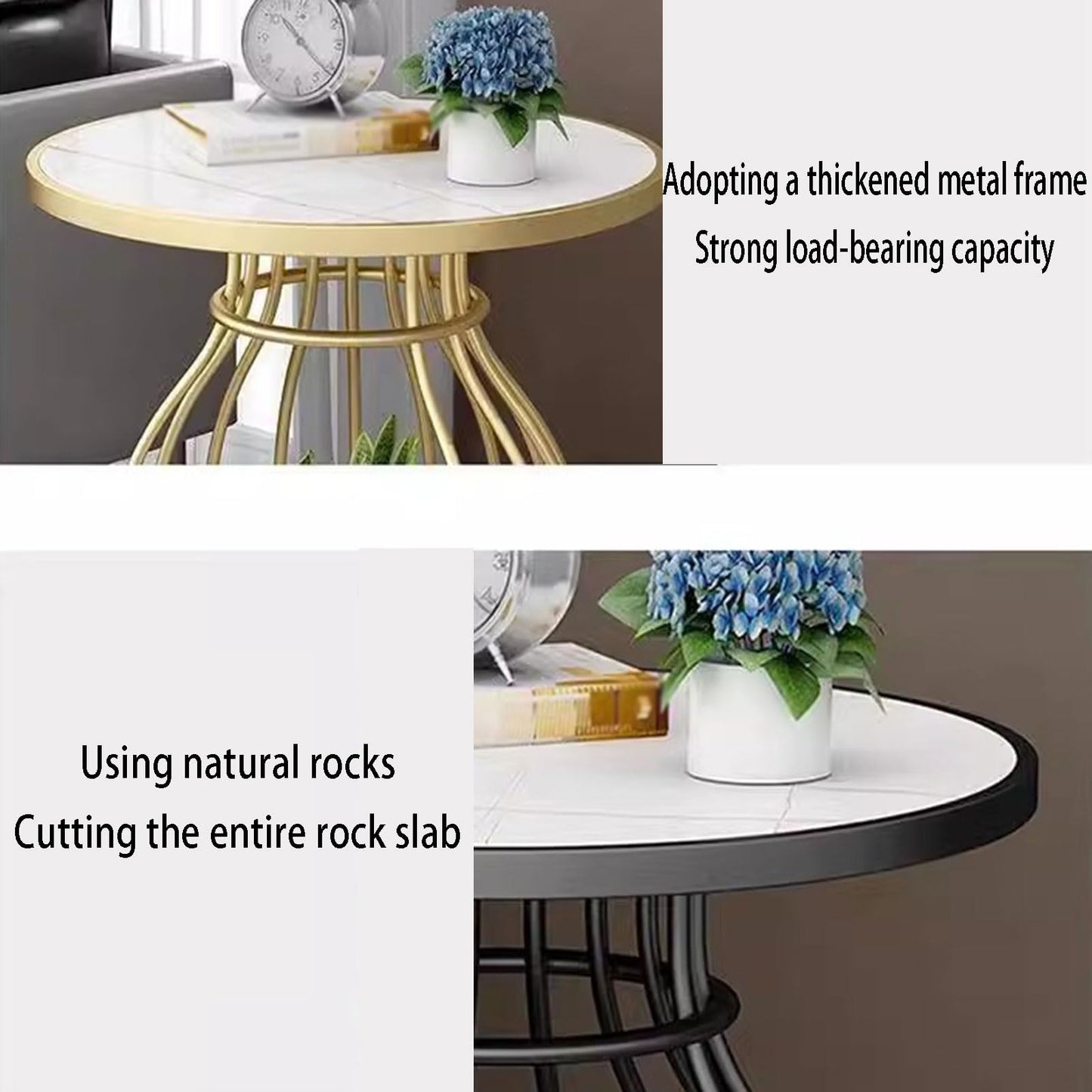 End Table Round Vintage, 2-Tier Metal Side Table with Shelf Storage, Faux Marble Sofa Side Bedside Nightstand, Arc-Shaped Frame Accent Furniture for Living Room