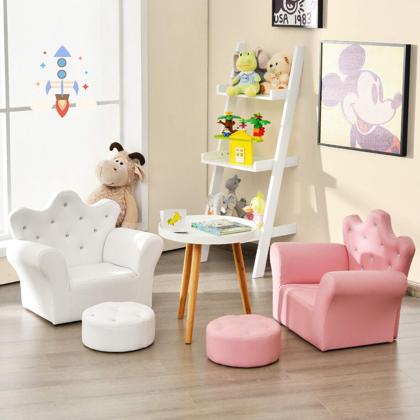 Costzon Kids Sofa, Children Upholstered Sofa with Ottoman, Princess Sofa with Diamond Decoration, Ottoman, Smooth PVC Leather Toddler Chair, Kids Couch for Preschool Boys and Girls Gift (White)