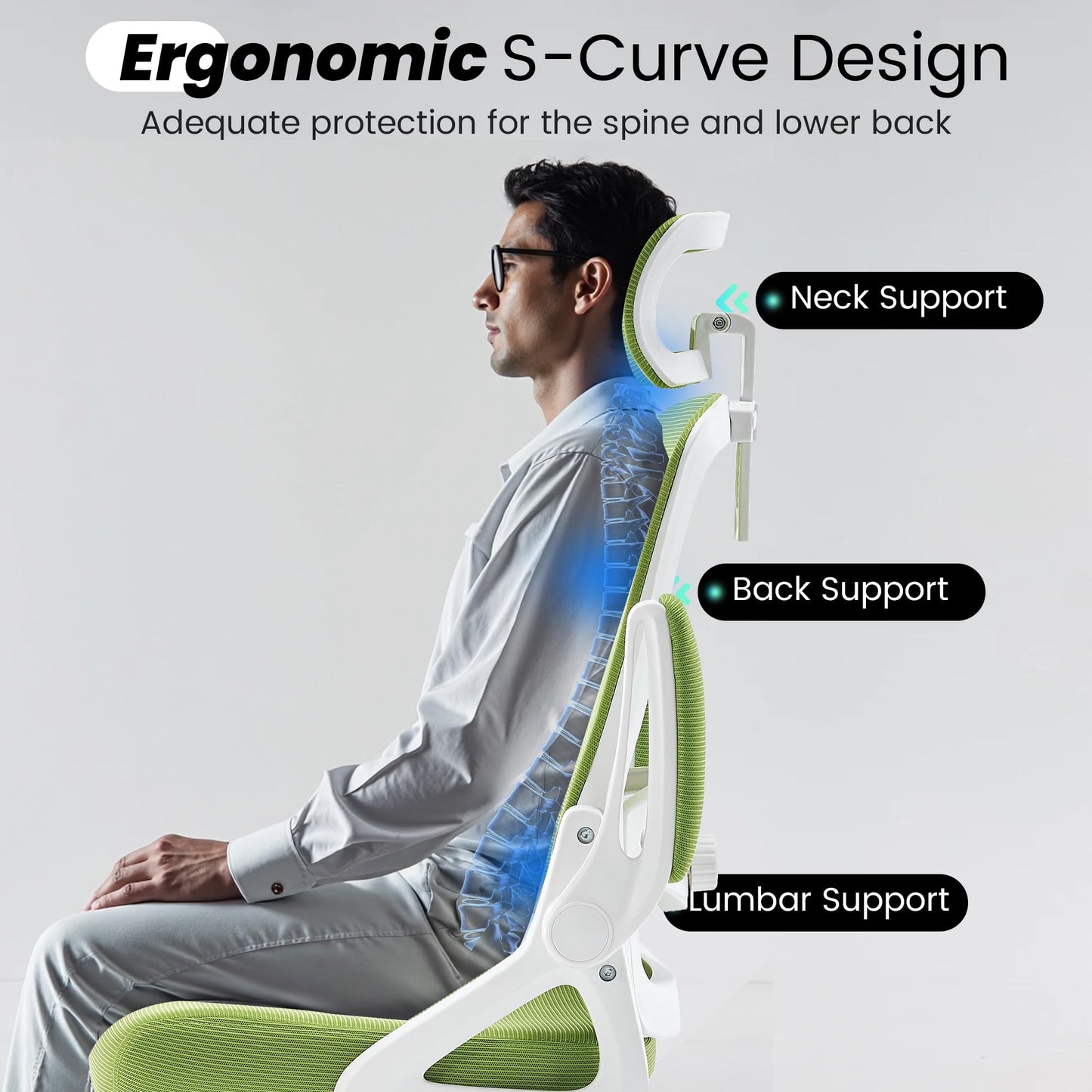 Fizzin Ergonomic Office Chair, 400 LBS Desk Chair with Adjustable Lumbar Support, High Back Breathable Mesh Computer Chair Rolling Work Swivel Task Chairs, Comfy Home Office Desk Chair (Green)