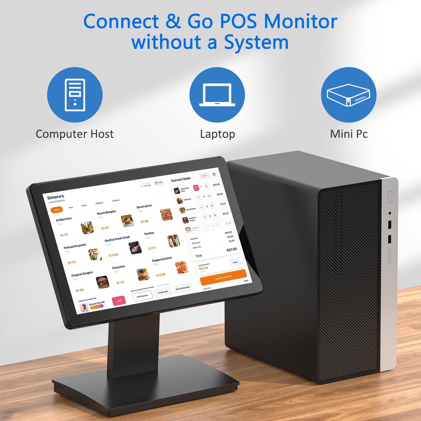 NewHail 15.6" Touchscreen POS Monitor, 1920×1080 FHD IPS Display, 10-Point Capacitive Touch, with HDMI/VGA Input, Heavy Duty Metal Stand for Restaurant, Bar, Gym, Warehouse, and POS Systems