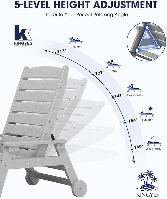 KINGYES HDPE Lounge Chair Outdoor Set of 4, Patio Chaise Lounge Recliner