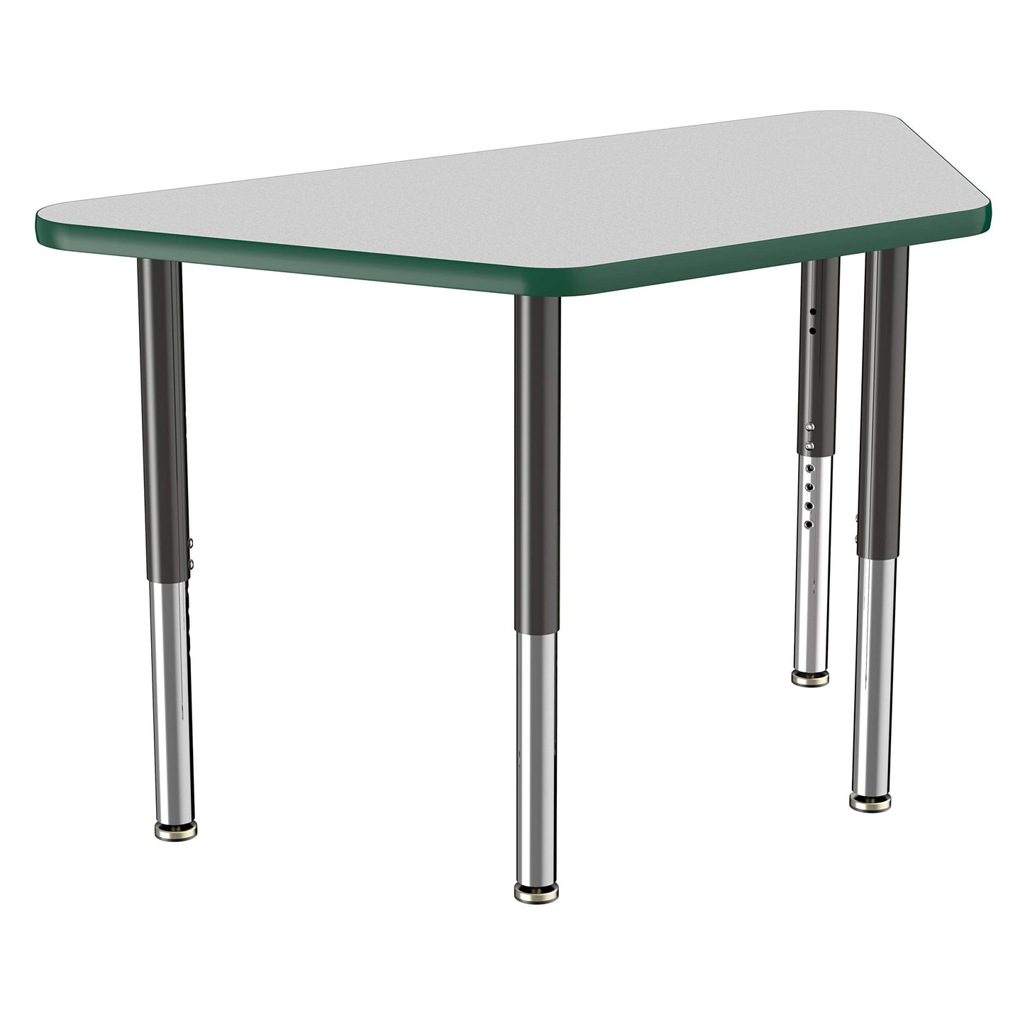 FDP Mobile Trapezoid Activity School and Office Table (24 x 48 inch), Super Legs with Glides and Casters for Collaborative Environments, Adjustable Height 19-30 inches - Gray Top and Green Edge