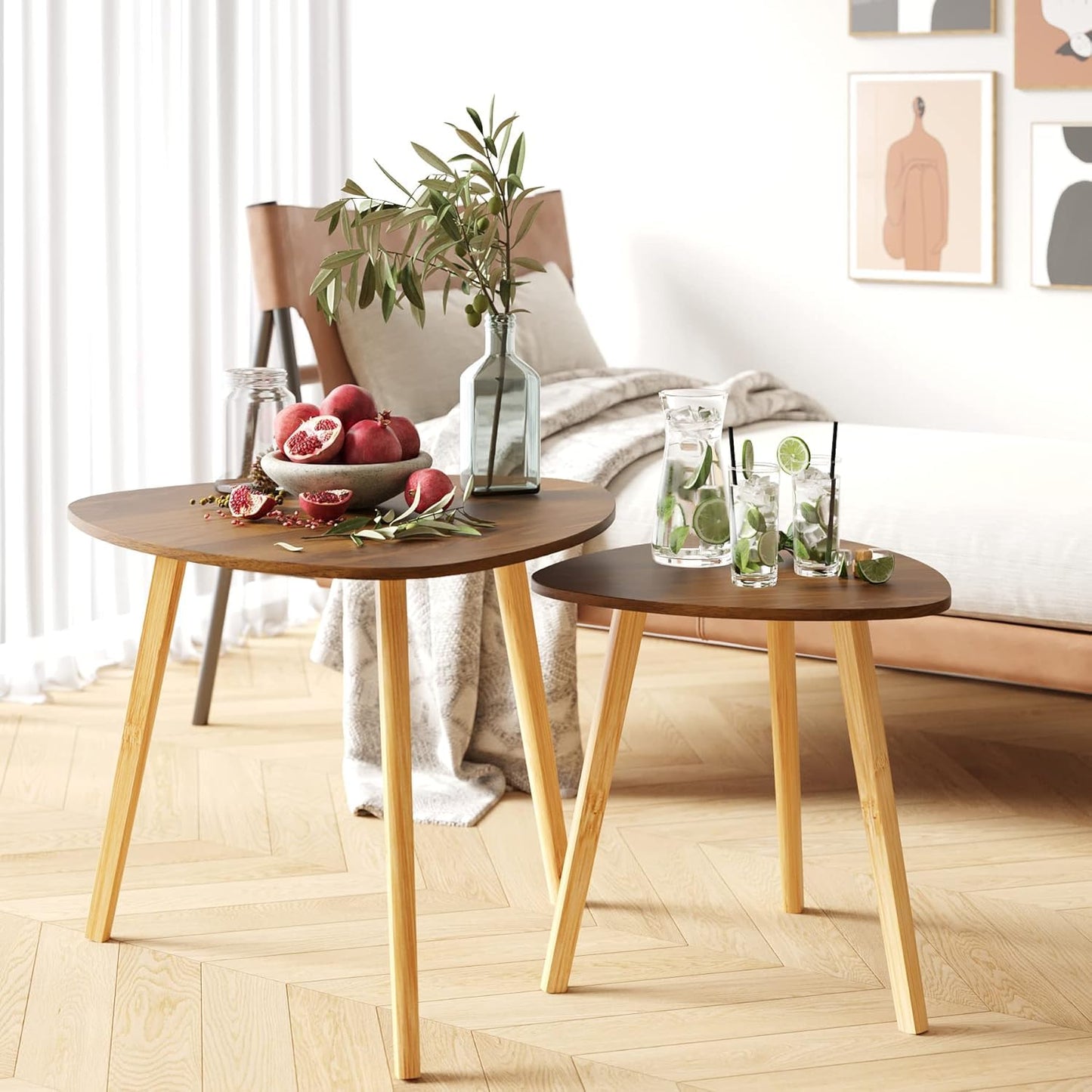 BAMEOS Bamboo Nesting Triangle End Table,Set of 2 Side Table Modern Minimalist Coffee Table for Living Room (Walunt)