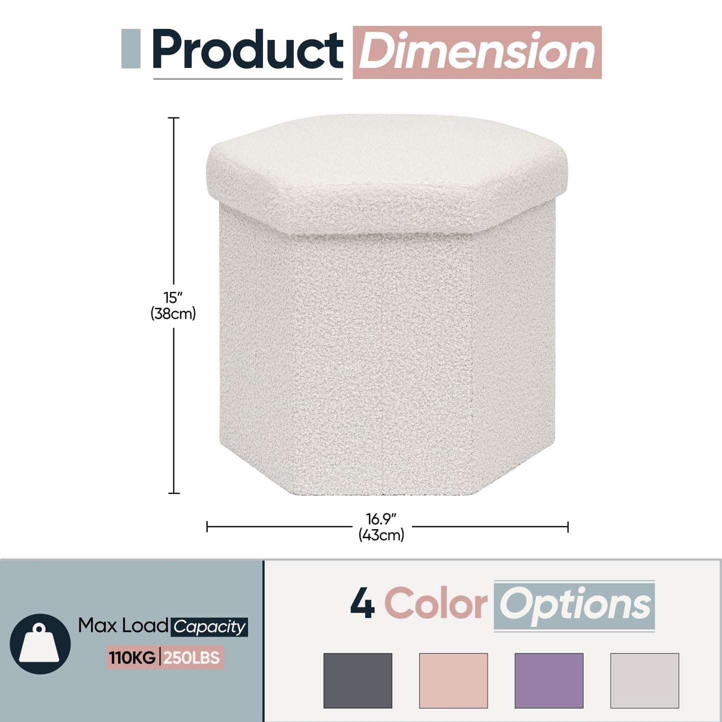 ZOLANOful Hexagon Storage Ottoman, Foldable Boucle Footrest with Hidden Storage, Upholstered Ottoman Footstool for Living Room, Bedroom, Dorm, Entryway, 15 x 16.9 x 15 Inches, White