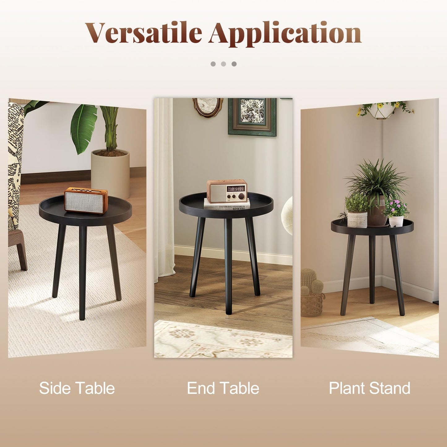 Giantex Round End Table, Mid Century Modern Side Table with Wooden Tray & Bamboo Legs, Sofa Couch Accent Table, Small Coffee Table for Small Space Living Room, Nightstand for Bedroom, Black