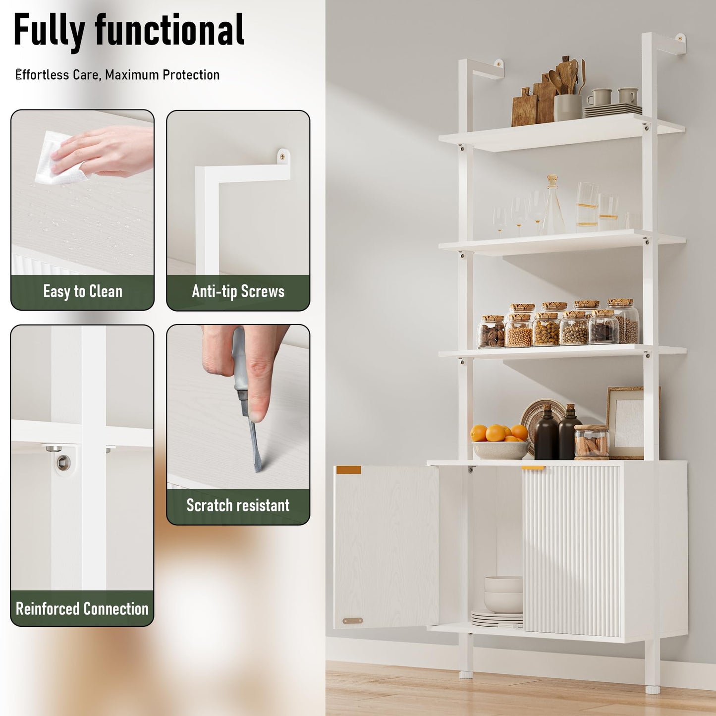 INNOD 74" Tall Bookshelf with Storage Cabinet, Modern Ladder Shelf with Wood and Metal Frame, Wall Mount Bookcase Open Display Shelf Furniture for Living Room, Bedroom, Home Office, White