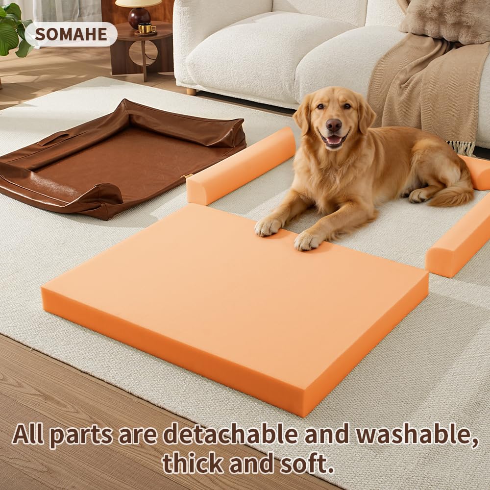 SOMAHE Leather Dog Bed Couch, Orthopedic Waterproof, 35"x28", Brown