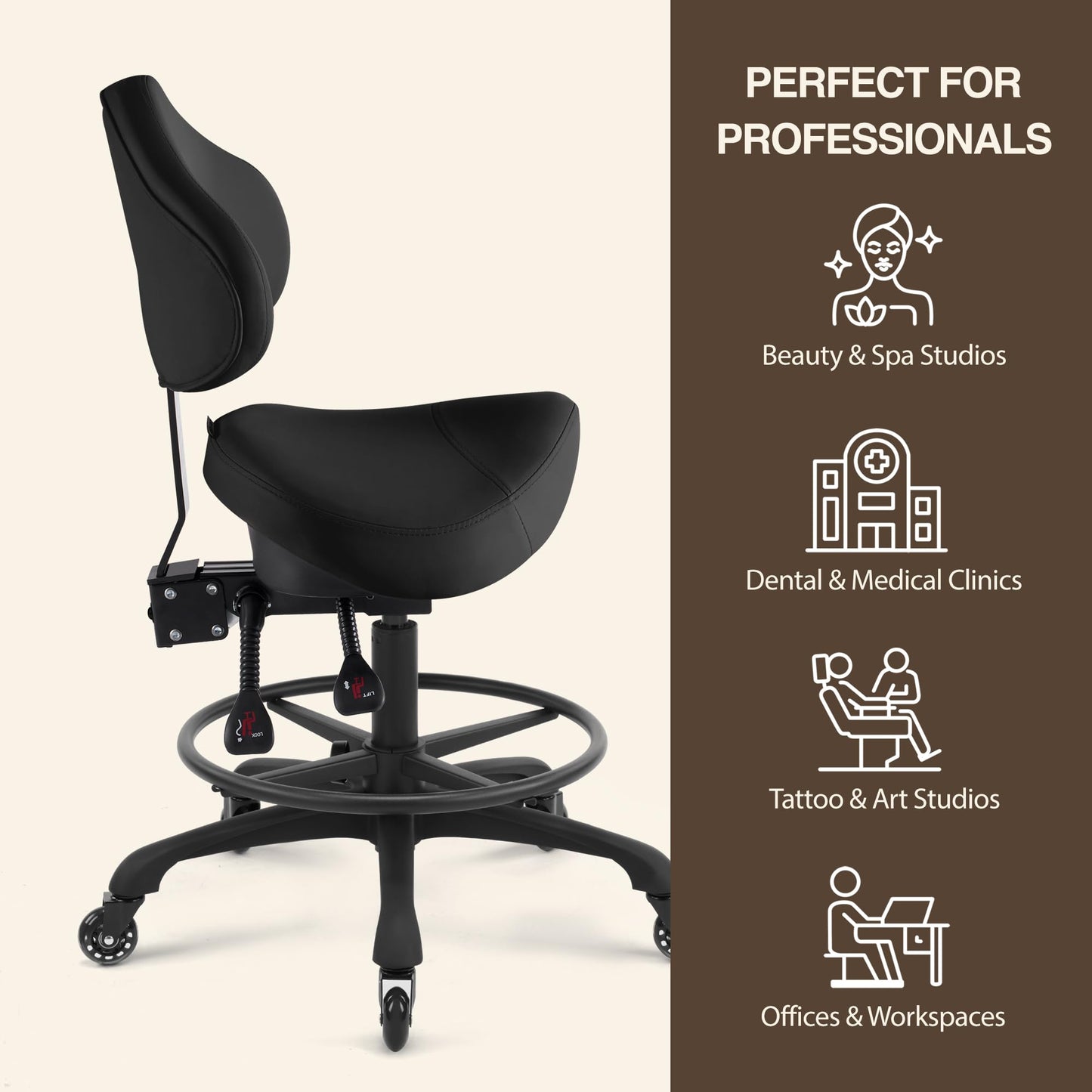 DR.LOMILOMI Pneumatic Swivel Rolling Saddle Chair with Wheels and Ergonomic Back Support for Hair Stylist, Dental Hygienist, Hygienic Clinic, Spa, Massage, Home, Office - Black Vinyl Leather - 510 KOA