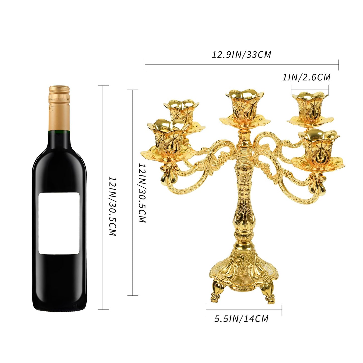 5-Candle Candelabra Metal Candlestick Holder Decoration for Weddings, Churches, Halloween, Christmas, Birthday Party (A-Gold)