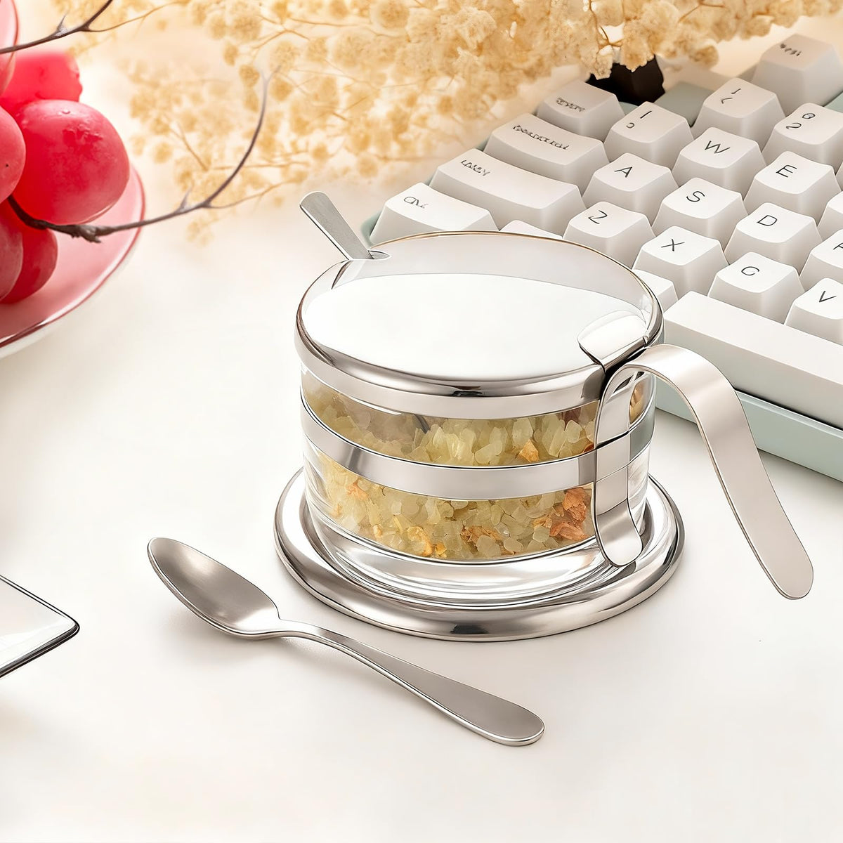 Honeydak 1 Set Stainless Steel Salt Cellar with Spoon 6.76 oz Salt Container with Spoon for Countertop, Seasoning Storage for Kosher, Sea, Candy, Pepper, Heavyweight Seasoning Jar