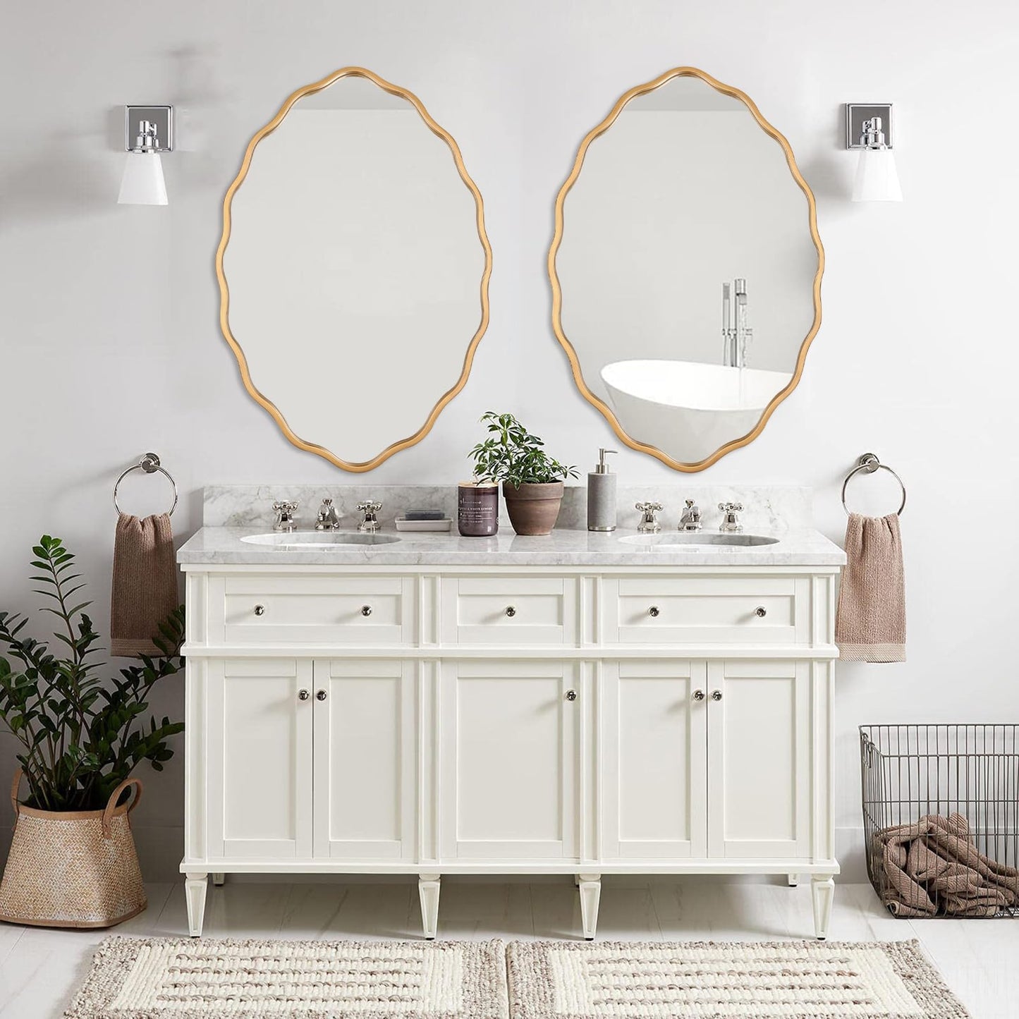 Varsoul 20 * 30 Inch Brushed Gold Oval Ripple Bathroom Mirror Wall Mounted Large Modern Countryside Suitable for Washroom, Bedroom, Living Room, Entryway