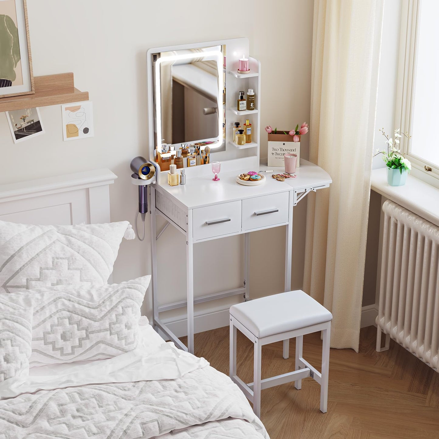 MemoCastle Small Vanity Desk for Compact Space: Mini Makeup Table Set for Bedroom - Tiny White Vanity with Mirror for Girls