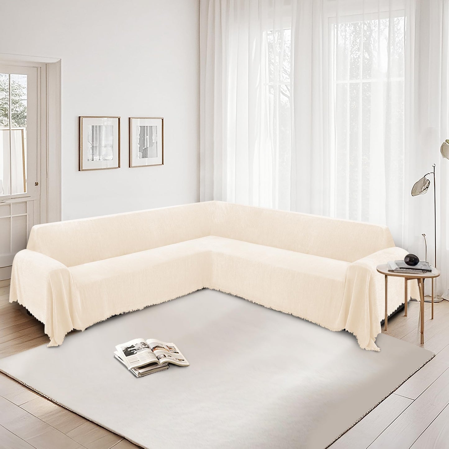 HDCAXKJ Corner Sectional Couch Covers for Dogs L Shape Sofa Cover with Tassel Chenille Soft Non Slip U Shaped Couch Cover Blanket Washable Sectional Slipcover Protector (Cream White, 91x276 inch)