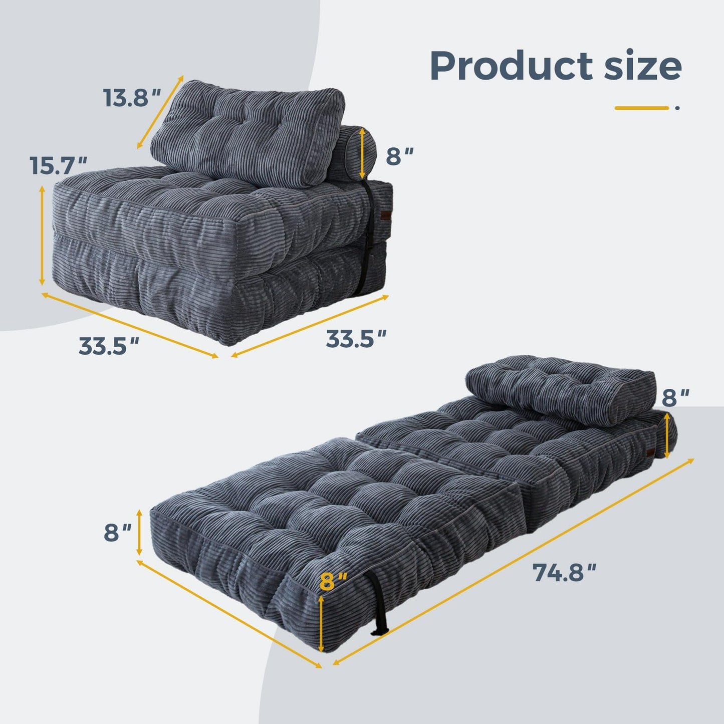 MAXYOYO Folding Sofa Bed, Convertible Chair with Pillow Foldable Couch with Back Support, Portable Fold Out Chair Bed Comfy Floor Sofa Lounge for Living Room Bedroom, Dark Grey, Single