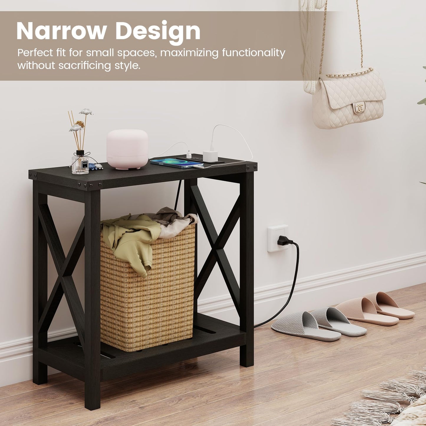 Hadulcet Farmhouse Side Table with Charging Station - Narrow Bedside Table for Small Space, Slim End Table, Rustic X-Design Nightstand for Living Room, Bedroom, Classic Black