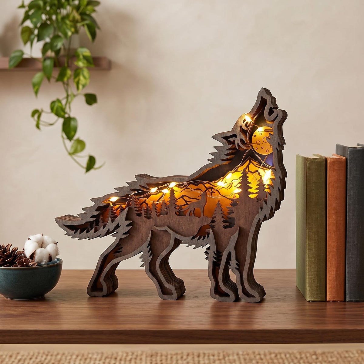 Drawelry 3D Wood Carving Animals Lamp Home Decorative, Cute Bear Family Elephant Presents Ideas Christmas Living Room Office Decor Warm LED Night Lights Gift for Friend Daughter Son Mom Dad (Wolf)