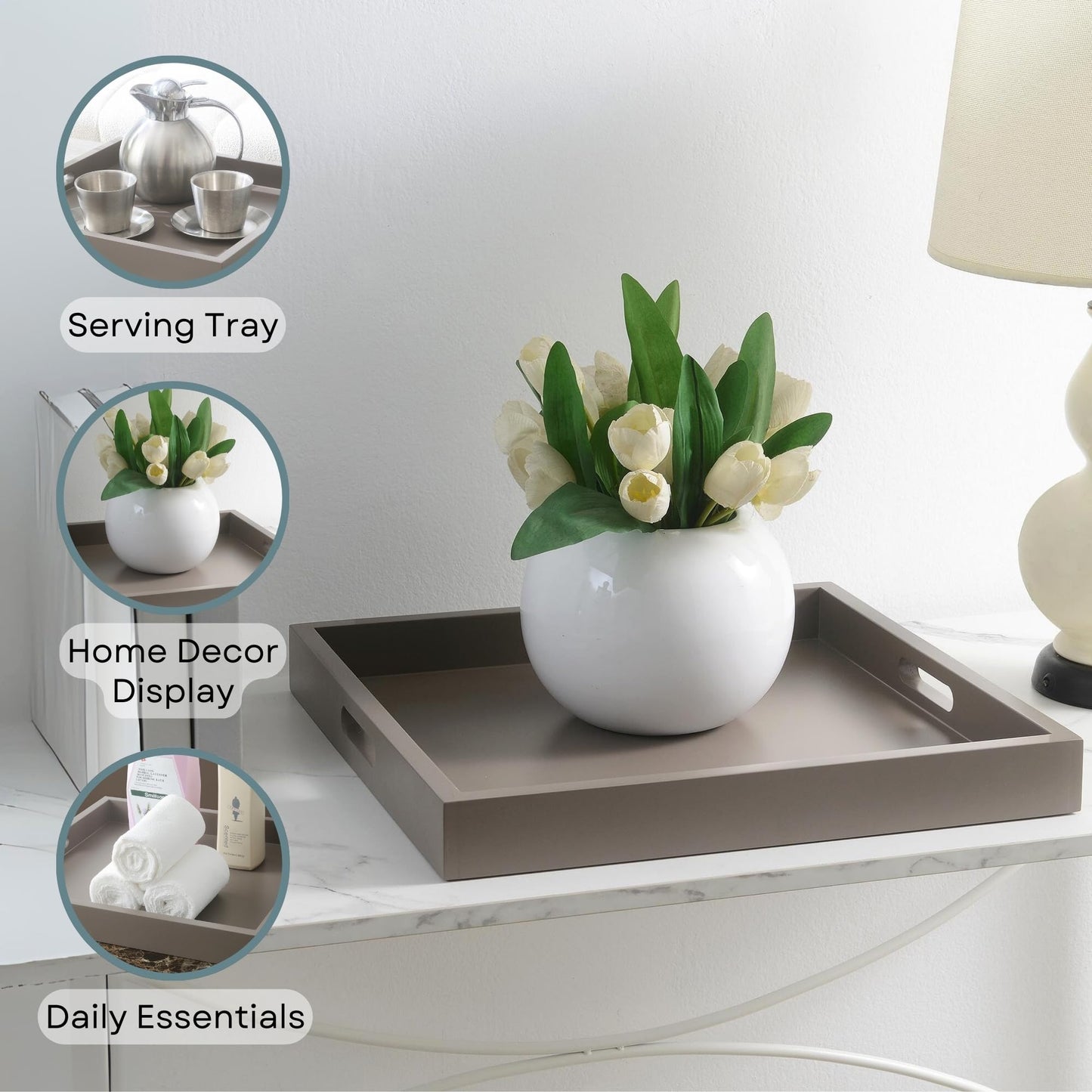 Convenience Concepts Palm Beach Serving Tray 16.75" - Kitchen & Living Room Square Wood Decorative Tray with Handles, Ottoman Accent Tray, Coffee Table Tray, Counter Organization & Storage, Gray