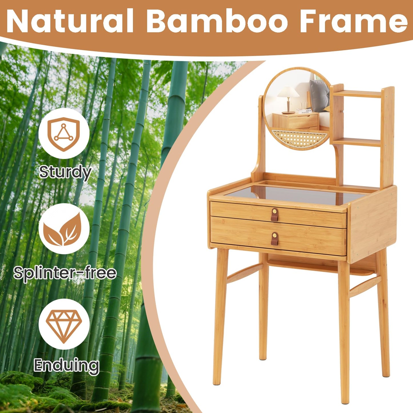 COSTWAY Vanity Desk with Mirror, Bamboo Makeup Vanity Set w/ 2 Drawers, 2 Shelves, Tabletop Storage Compartment & Clear Tempered Glass Tabletop, Small Bedroom Dressing Table for Adult Teens