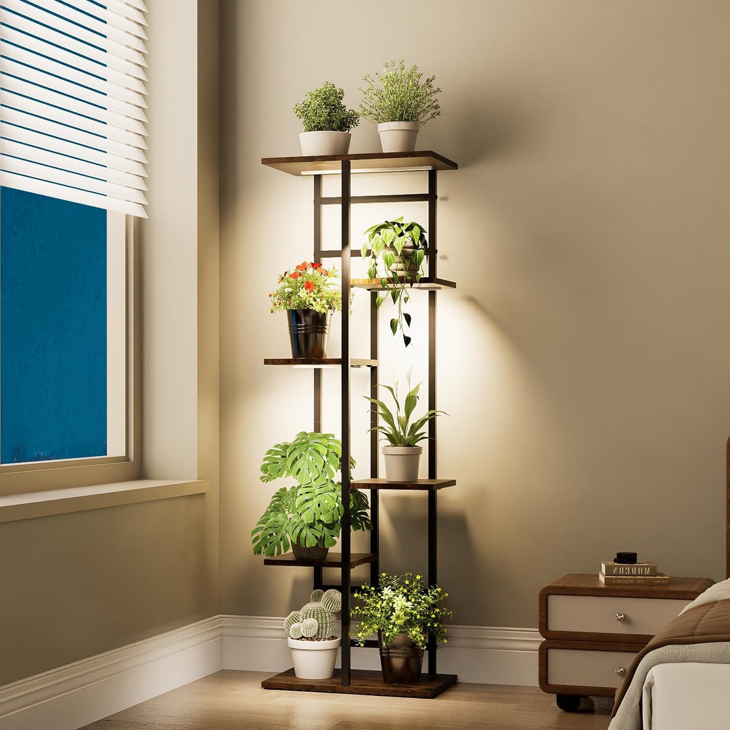 Forotone Plant Stand Indoor with Grow Lights, 6-Tiered Tall Plant Stand Metal Metal Corner Large Plant Shelf Display Rack Holder for Patio Living Room Balcony