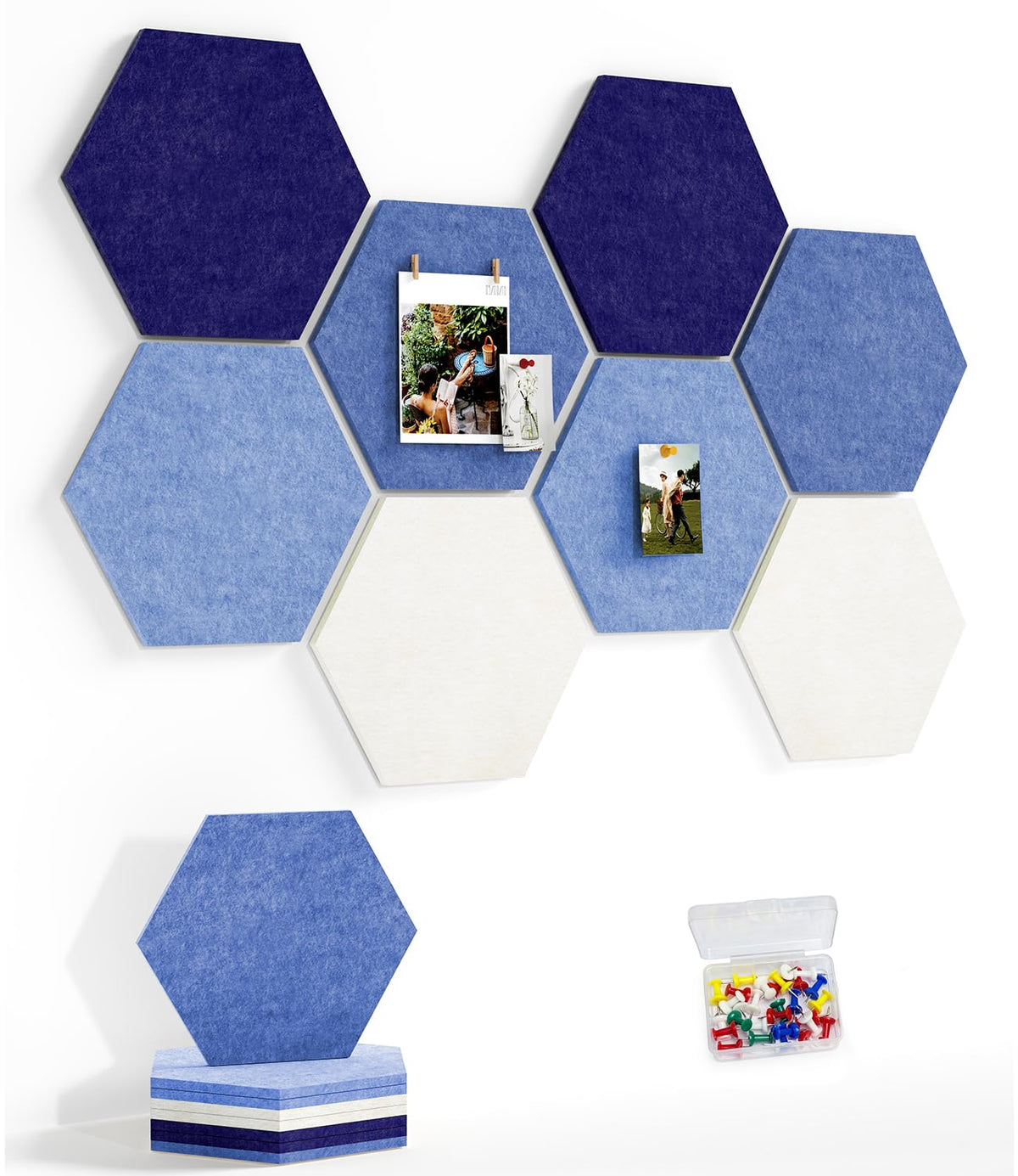 Uoisaiko 8 Pack Hexagon Felt Bulletin Board Tiles - 12" Large Thick Pin Board for Walls with 30 Push Pins, DIY Boards for Office Home School Decor, Aesthetic Hex Cork Board Alternative