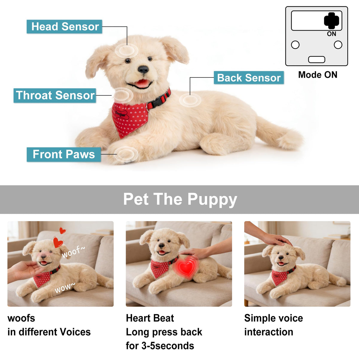 Chongker Interactive Companion Robot Dog Pets, Handmade Weighted Stuffed Animals, Cat Plush Toy with Voice Response, Realistic Heartbeat and Purring