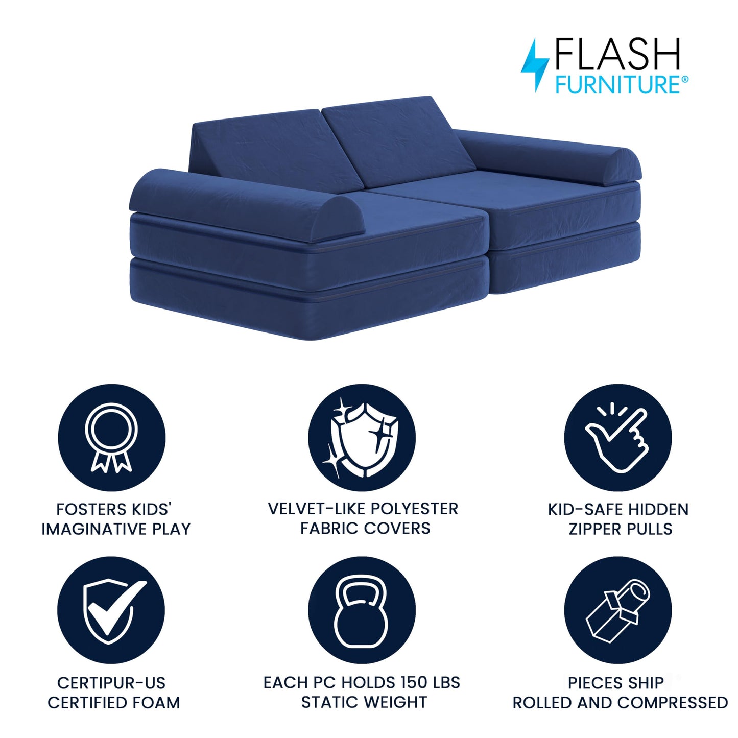 Flash Furniture Marlowe Modular Foam Kids Play Couch, 6 Soft Sectional Sofa Pieces, Convertible Kids Couch, Removable Covers, 56", Blue