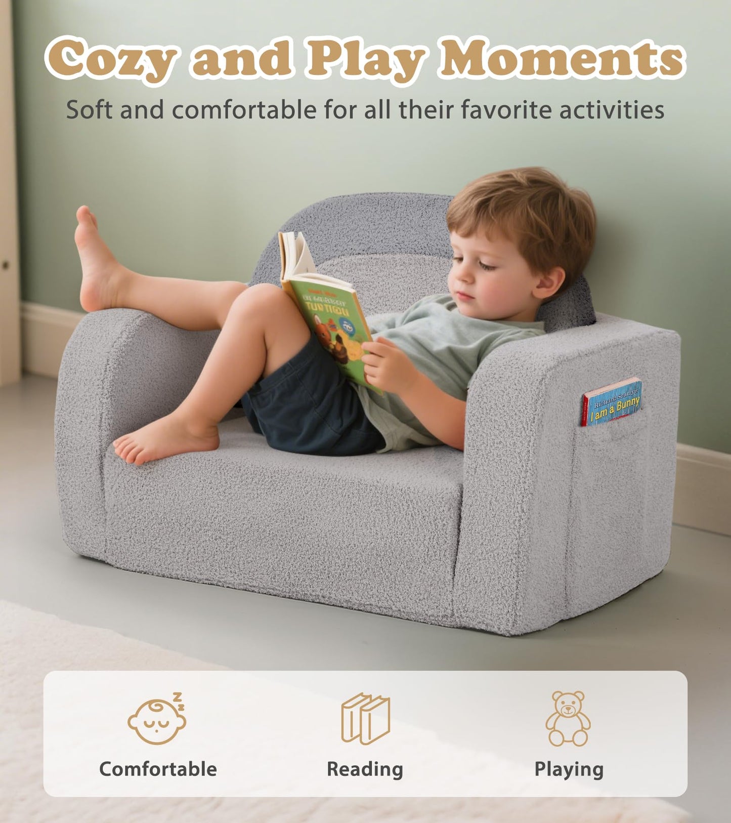 Foryoomi Kids Couch, 2-in-1 Soft Toddler Couch Fold Out with Blanket, Comfy Toddler Chair, Convertible Sofa, Gifts for Kids Girl Boys, Medium Grey Rainbow