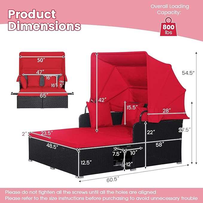 COSTWAY Outdoor Daybed with Retractable Canopy, Wicker Patio Furniture Set with