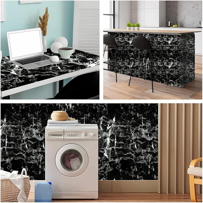Arthome Black Marble Contact Paper, Peel and Stick Black Silver Paper, Self