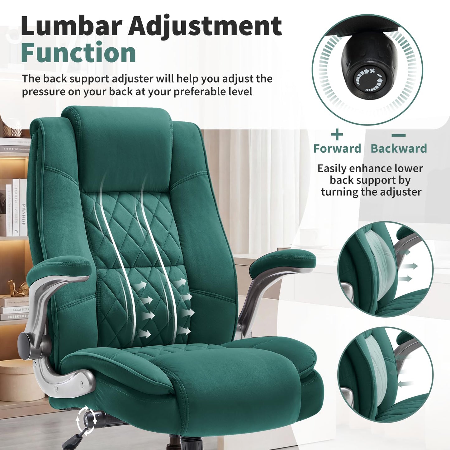 Fabric High Back Office Chair with Lockable Quiet Casters, Thick Padded Ergonomic Computer Chair- Adjustable Lumbar Support & Flip-Up Arms, Wide Executive Desk Chair for Back Pain, 400LBS Capacity