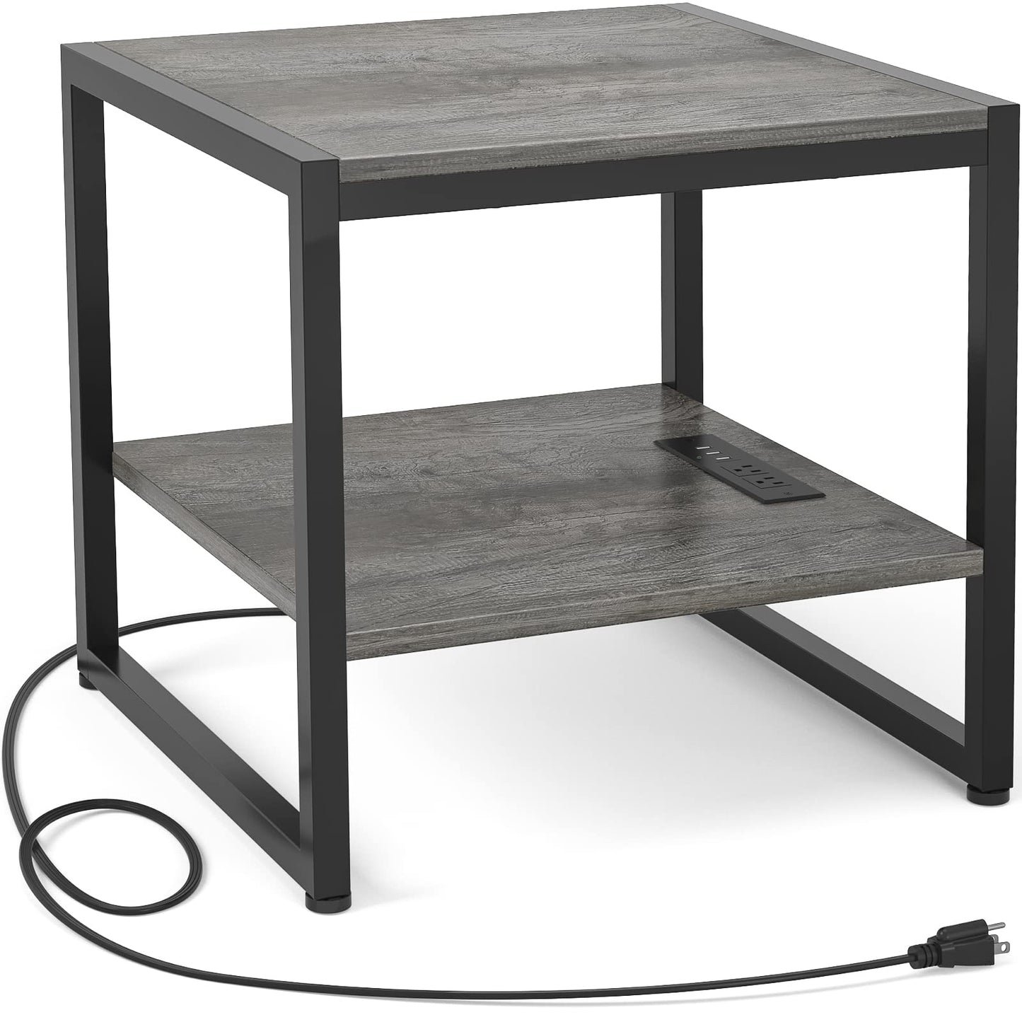 Homieasy End Table with Charging Station, 20" Mini Fridge Stand with Power Outlets, Heavy Duty Side Table for Living Room, Small Table Stand & Fridge Table, Black Oak