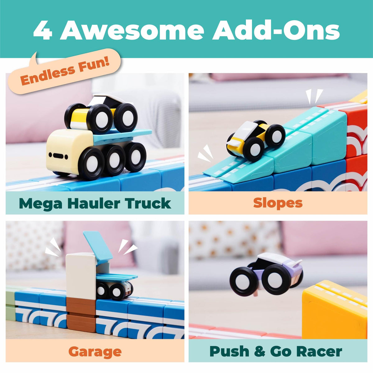 QBI Magnetic Blocks Play Starter Set – STEM Magnet Building Toys for Kids Ages 3-5, 4-in-1 Race Car Track with 4 Cars & 2 Ramps, Birthday Gift (36 PCS)