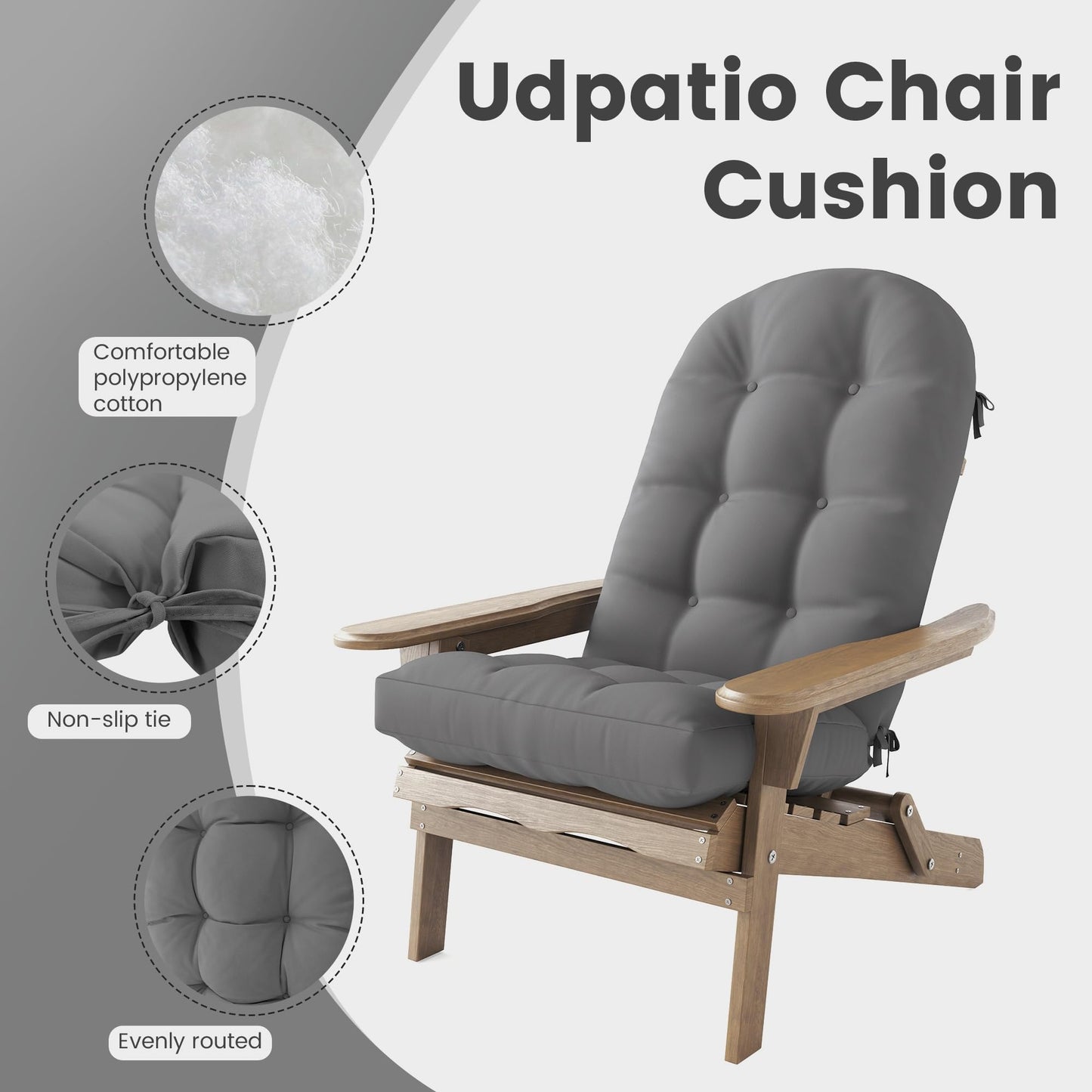 UDPATIO Adirondack Chair Cushion with Ties, Fade-Resistant High Back Outdoor Seat Cushions for Patio, Deck, Porch, Rocking Chairs & Lawn Furniture (Upper & Lower Lumbar Support)，Dark Grey