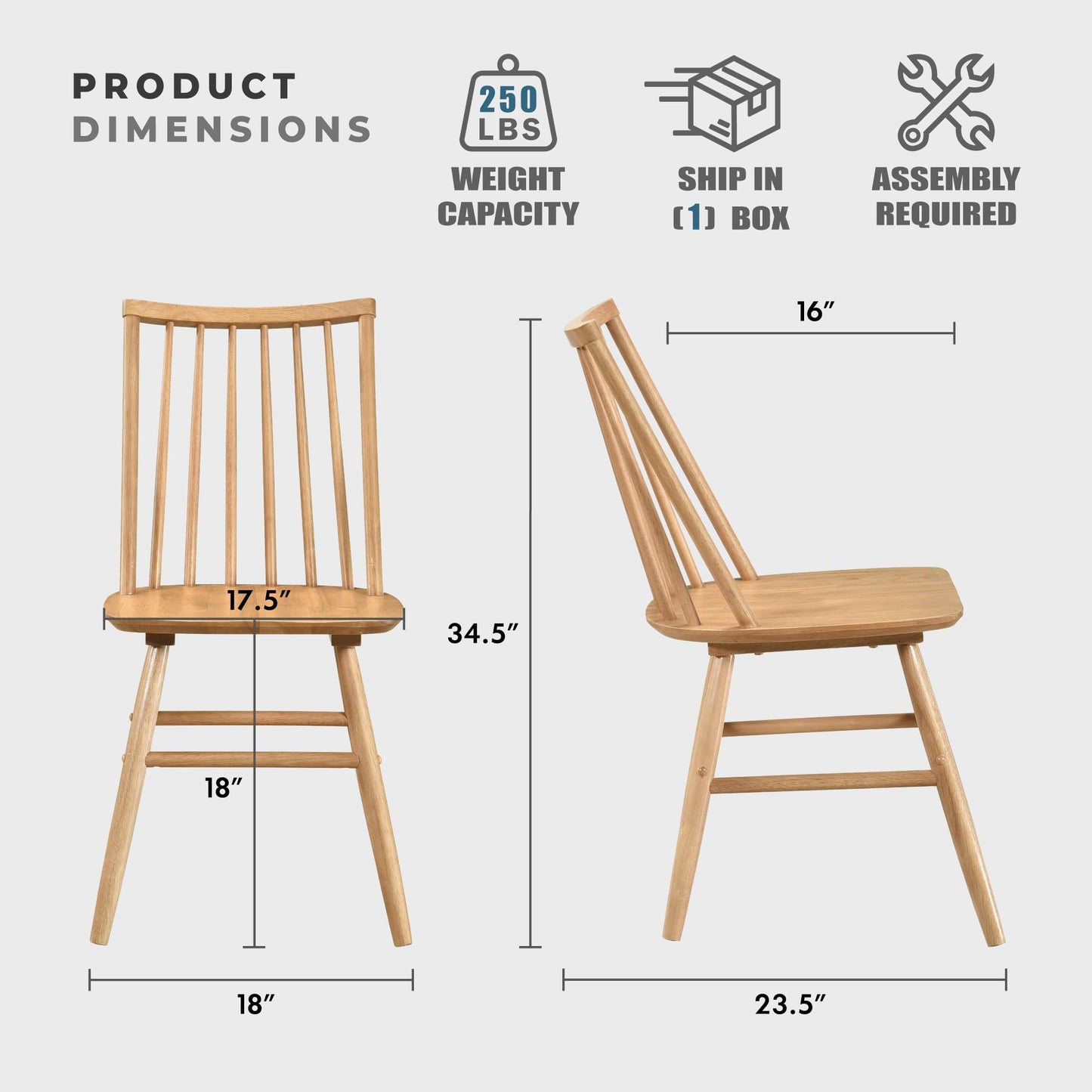 Lexicon Kitchen & Dining Room Chairs, Dining Chairs Set of 2, Spindle Back Wood Dining Chairs, Rubberwood Armless Dining Chairs, Modern Dining Chair, Easy Assembly, Natural Oak