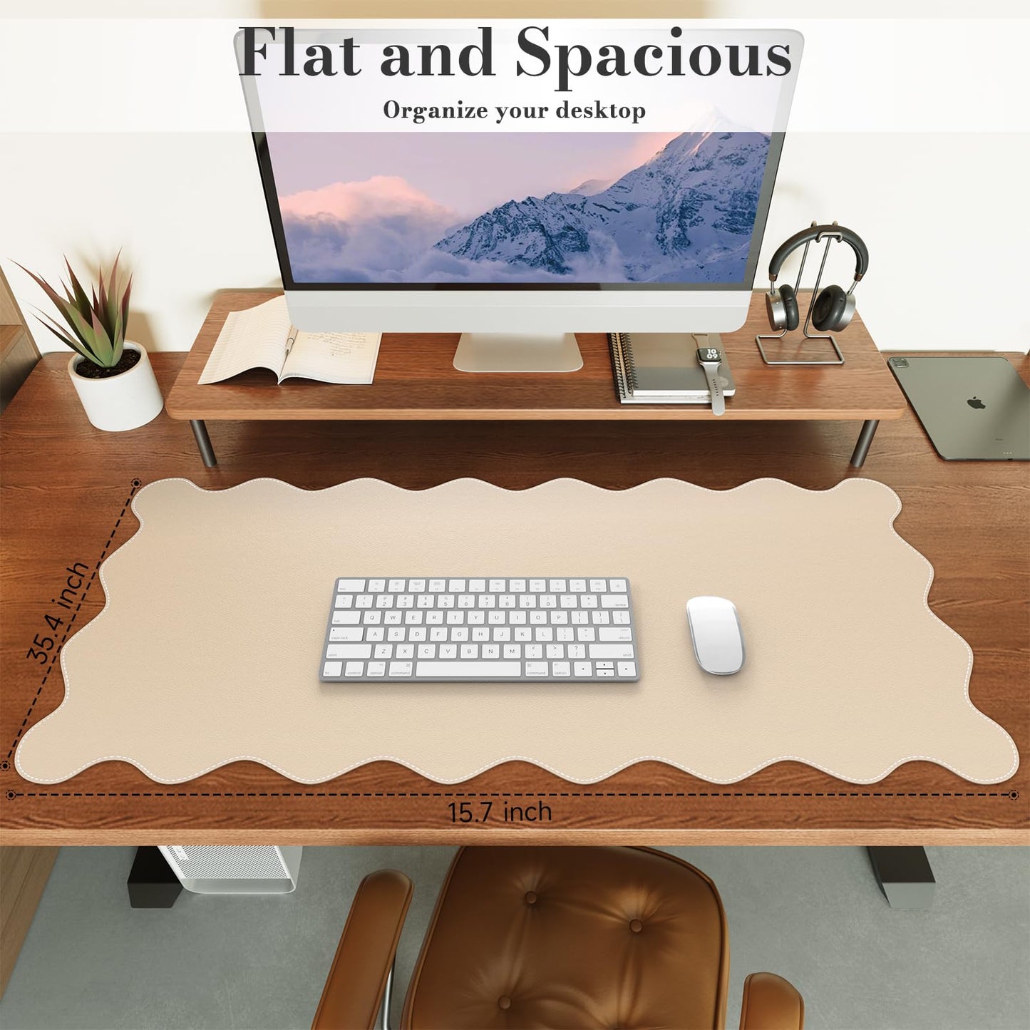 iCasso Leather Mouse Pad,Extra Large Desk Pad,Cute Scalloped Computer Mat for Desktop,Non-Slip Nail Mats with Stitched Edges,Waterproof PU Desk Protector Pad for Office Home Dorm