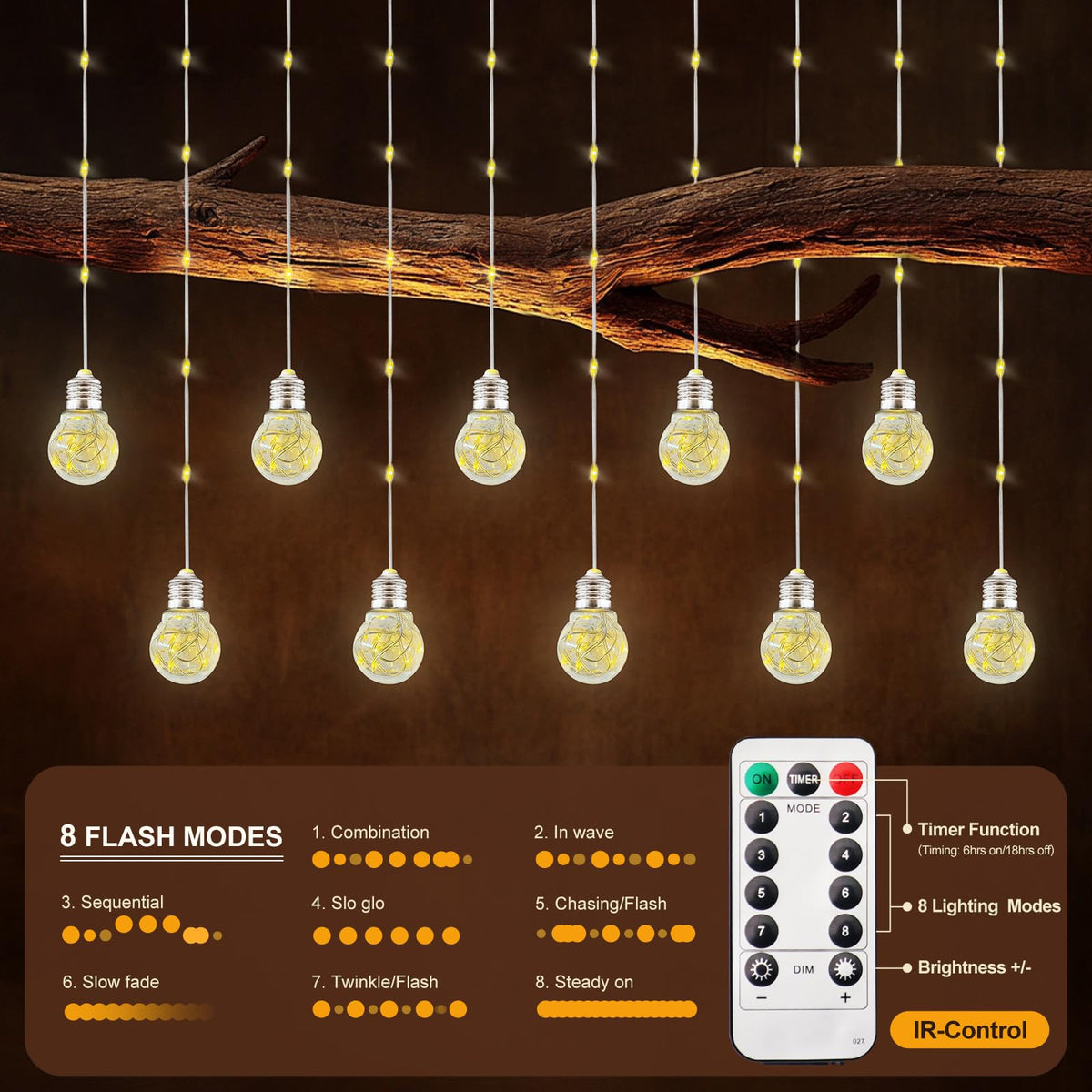 Patioman Wishing Ball Curtain Lights LED Window Hanging Lights with Remote, USB Powered Twinkle Globe Fairy String Lights for Wedding Party Bedroom Christmas Indoor Outdoor Decoration (Warm White)