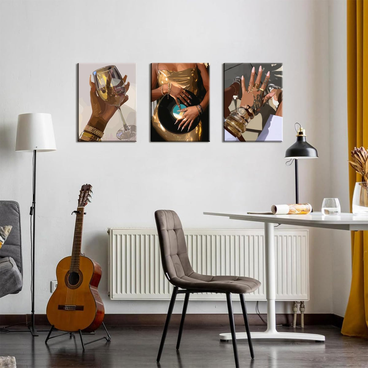 Black Girl wall Art Set of 3, African American Woman Wall Decor Fashion Gold People Music Poster Canvas Prints Paintings Pictures for Bedroom Living Room Decoration 12x16 inch Framed